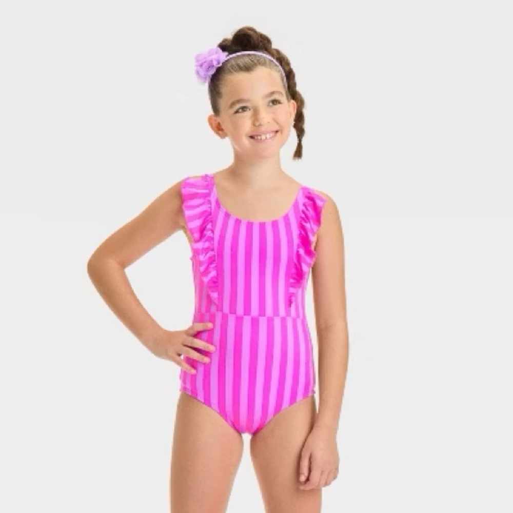 NWT Cat & Jack Pink and Purple Striped One Piece Swimsuit 10/12‎ Plus